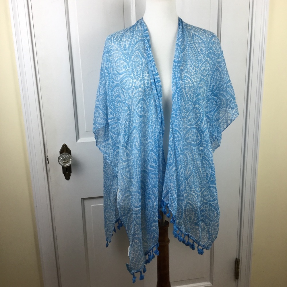Pure Honey Womens Kimono Blue Boho Sheer Fringe Tassels New